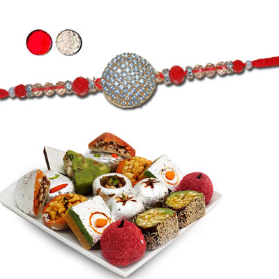 "AMERICAN DIAMOND (AD) RAKHIS -AD 4170 A (Single Rakhi), 500gms of Kaju Assorted Sweets - Click here to View more details about this Product